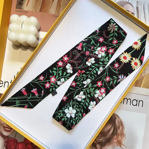 Women's Floral Satin Skinny Scarf Elegant Hair Tie Bag Handle Ribbon Small Silk Scarf For Neck Head Decoration Gift
