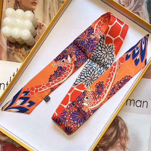 Fashion Giraffe Print Twilly Scarf For Women Satin Long Strip Skinny Scarf Double Sided Floral Neck Scarf Wrist Ribbon Scarf