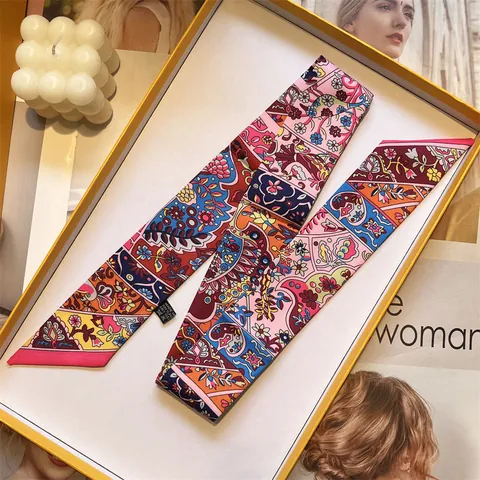 Women Vintage Floral Paisley Print Satin Twilly Scarf For Handbag Decoration Hair Band Elegant Minimalist Small Square Neck Scarf