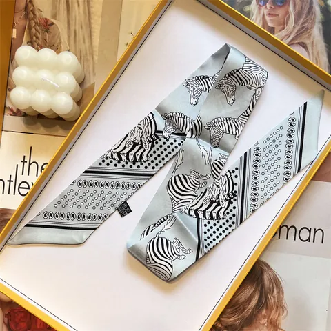 Foulard Twilly in Raso con Stampa Zebra da Donna Double-Face Retro Fascia Capelli Sottile Nastro Manico Borsa Accessori
