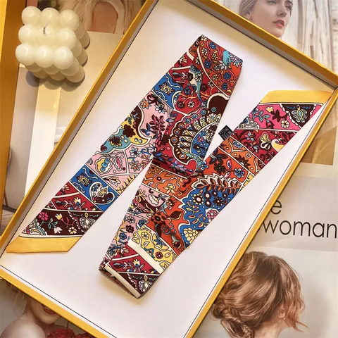 Women Vintage Floral Paisley Print Satin Twilly Scarf For Handbag Decoration Hair Band Elegant Minimalist Small Square Neck Scarf