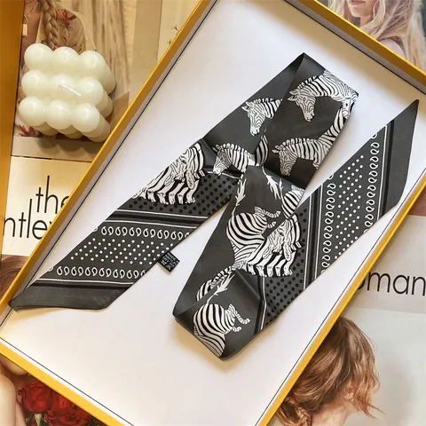 Foulard Twilly in Raso con Stampa Zebra da Donna Double-Face Retro Fascia Capelli Sottile Nastro Manico Borsa Accessori