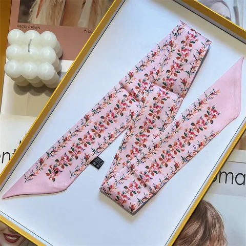 French Style Women Floral Print Skinny Satin Scarf Long Hair Band Ribbon For Neck Bag Handle Wrap Fashion Accessories