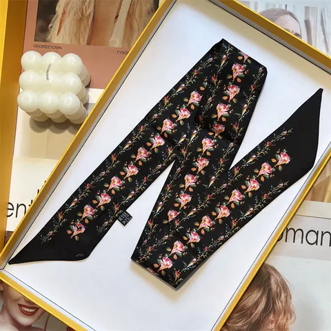 French Style Women Floral Print Skinny Satin Scarf Long Hair Band Ribbon For Neck Bag Handle Wrap Fashion Accessories
