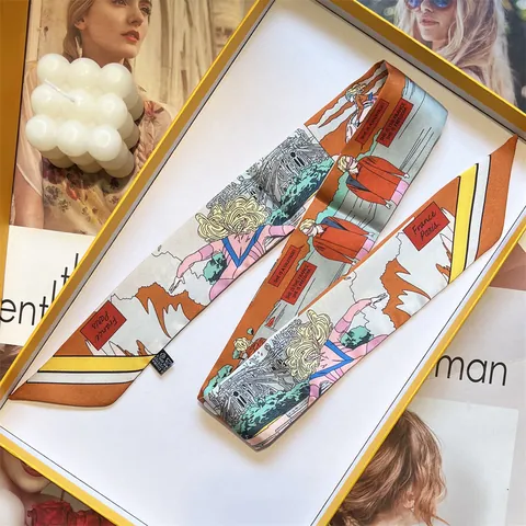 French Comic Art Print Satin Twilly Scarf For Women Bag Handle Ribbon Hair Band Neck Neckerchief Fashion Accessories