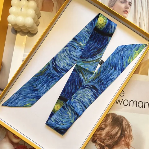 Van Gogh Oil Painting Satin Narrow Long Scarf For Women Vintage Artistic Twilly Headband Bag Handle Ribbon Decoration