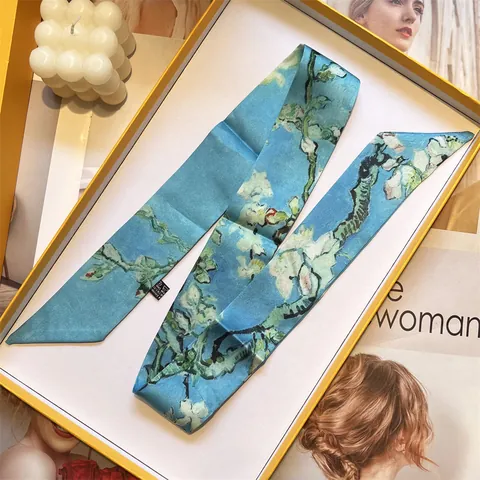 Van Gogh Oil Painting Satin Narrow Long Scarf For Women Vintage Artistic Twilly Headband Bag Handle Ribbon Decoration