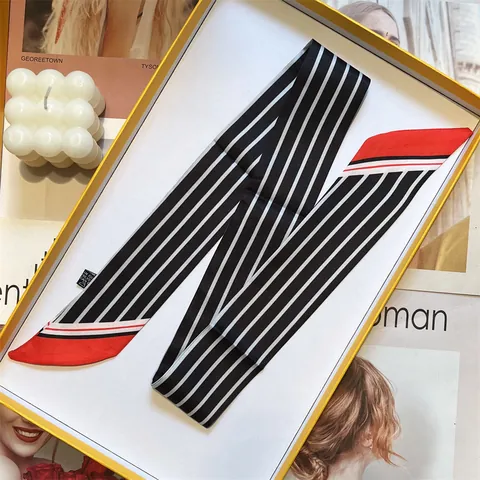 Women Satin Striped Twilly Scarf Ribbon Long Diagonal Narrow Neck Scarf Decorative Hair Band Bag Wrap Accessory For Ladies