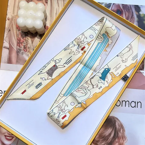 Women Cartoon Dog Print Satin Skinny Scarf Fashion Twilly Hair Band Neck Ribbon Decorative Headband Bag Handle Scarf