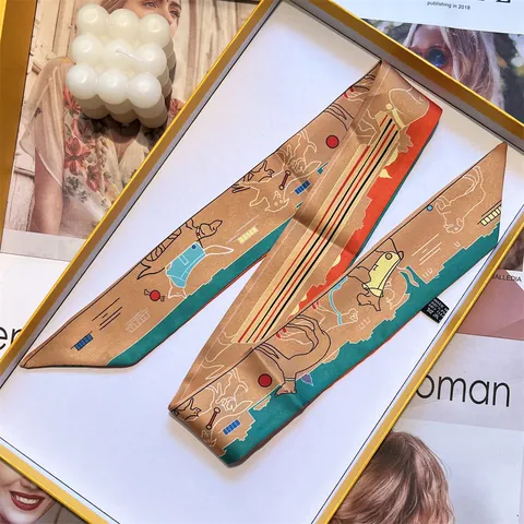 Women Cartoon Dog Print Satin Skinny Scarf Fashion Twilly Hair Band Neck Ribbon Decorative Headband Bag Handle Scarf