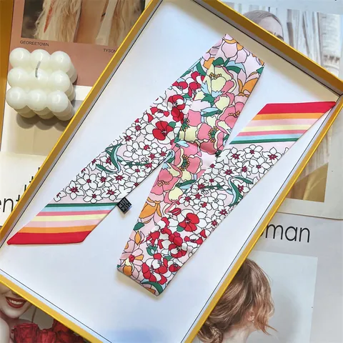 Women Elegant Floral Print Satin Twilly Scarf Narrow Neck Tie Ribbon For Hair Bag Decoration Fashion Silk Like Long Scarf