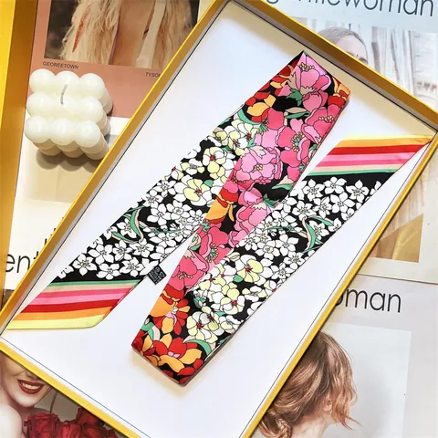 Women Elegant Floral Print Satin Twilly Scarf Narrow Neck Tie Ribbon For Hair Bag Decoration Fashion Silk Like Long Scarf