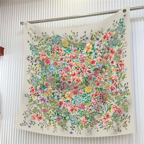 Elegant French Floral Rose Satin Square Scarf For Women Large Sun Protection Shawl Headscarf Wrap Polyester Hair Bandana