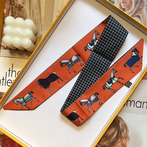 Vintage Equestrian Horse Print Satin Twilly Scarf For Women Narrow Long Handbag Handle Wrap Ribbon Hair Band Tie Decoration