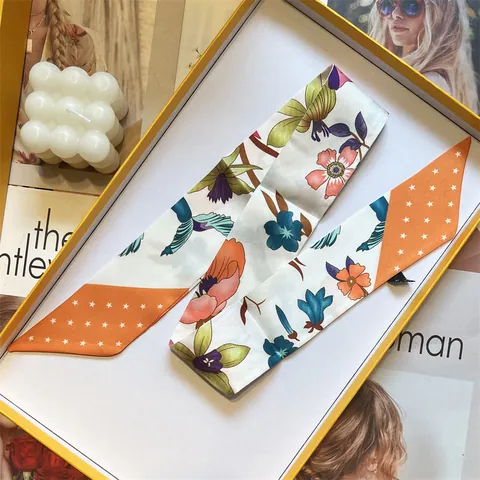 Sciarpa Twilly in Raso con Stampa Floreale e Uccelli Vintage per Donna Cravatta Sottile in Simil Seta Nastro per Borsa