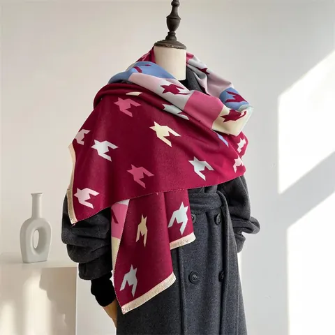Winter Warm Houndstooth Scarf Women Double Sided Color Block Shawl Imitation Cashmere Large Pashmina Wrap Tassel Neck Warmer