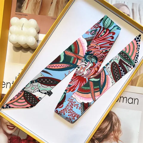 Women Vintage Satin Scarf Twilly Geometric Tropical Flower Print Hairband Ribbon Luxury Streamer Fashion Headband Bag Handle Decoration