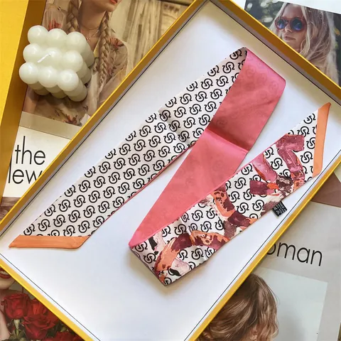 Women's Satin Skinny Scarf Twilly Geometric Monogram Floral Print Neck Tie Wrist Ribbon For Bag Accessories Fashion Neckwear