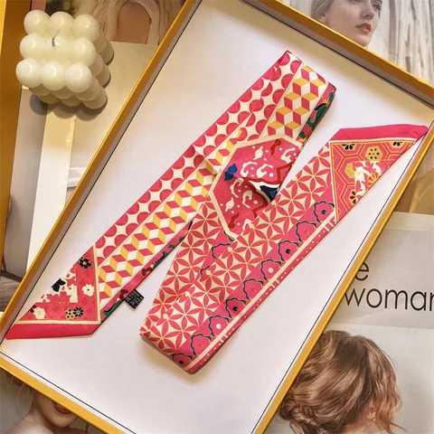 Long Satin Twilly Scarf For Women Vintage Geometric Floral Print Narrow Neck Tie Scarf Bag Accessory Fashion Headband