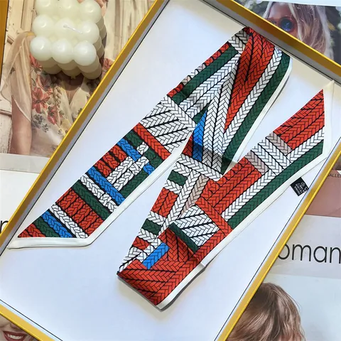 Geometric Rope Print Satin Twilly Scarf For Women Narrow Hair Band Bag Handle Wrap Vintage Style Scarf Accessory Gift