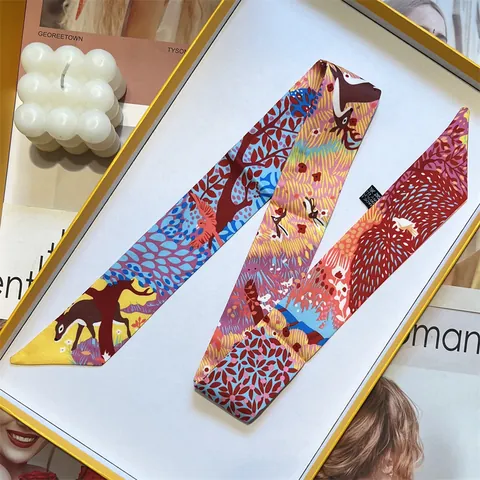 Pañuelo Twilly de Satén Multifuncional para Mujer Estampado de Animales del Bosque Floral Vintage Cinta para Bolso