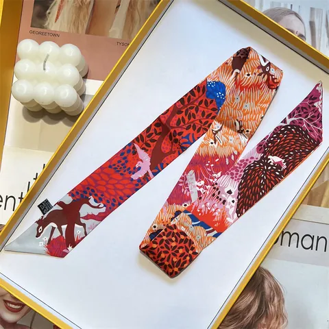 Pañuelo Twilly de Satén Multifuncional para Mujer Estampado de Animales del Bosque Floral Vintage Cinta para Bolso
