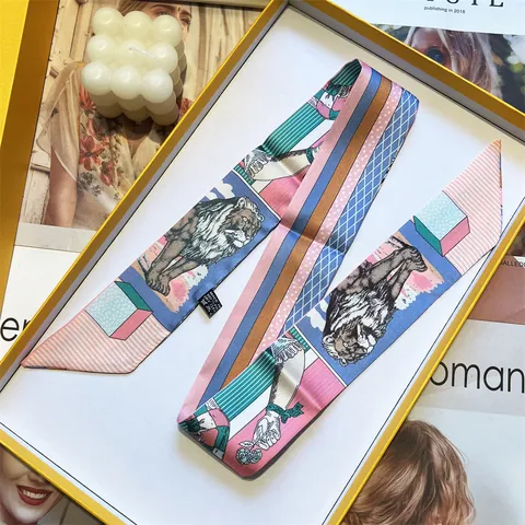 Sciarpa Twilly in Raso con Stampa Leone Vintage per Donna Lussuosa Artistica Geometrica a Strisce Sciarpa Sottile Nastro Decorativo per Manico Borsa