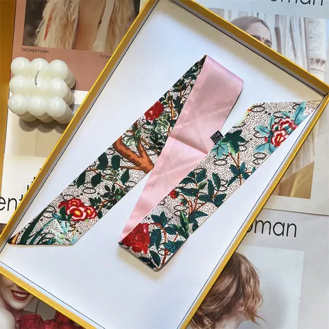 Foulard Mince en Satin Floral Botanique Vintage Imprimé Double Face Cravate Sensation Soie pour Femme Accessoire Ruban Poignée de Sac Cheveux