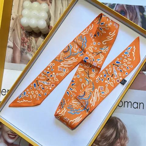 Women Fashion Narrow Satin Scarf Abstract Floral Print Hair Tie Bag Accessory Neck Wrap Elegant Twilly Scarf Headband For Lady