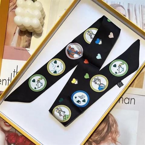 Women Cartoon Horse Heart Print Skinny Twilly Scarf Polyester Satin Narrow Scarf Elegant Hair Tie Handbag Streamer Scarf
