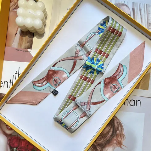 French Retro Satin Skinny Scarf Equestrian Horse Bit Floral Print Hair Band Bag Handle Tie Neck Scarf For Women Jewelry