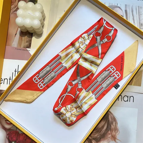 French Retro Satin Skinny Scarf Equestrian Horse Bit Floral Print Hair Band Bag Handle Tie Neck Scarf For Women Jewelry