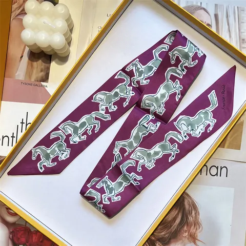 Dames Franse Stijl Paardenpatroon Smalle Lange Satijnen Sjaal Zijdeachtig Haarband Elegant Taslint Halssjaal Accessoire