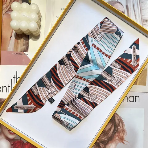 Elegant Satin Narrow Long Scarf For Women With Geometric Belt Buckle Print French Style Neck Tie Bag Handle Ribbon Decor Gift