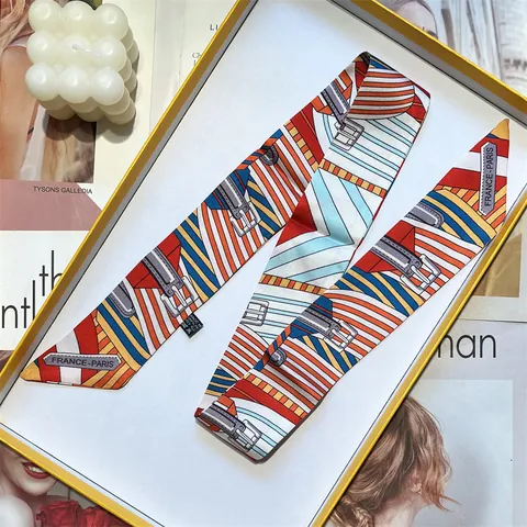 Elegant Satin Narrow Long Scarf For Women With Geometric Belt Buckle Print French Style Neck Tie Bag Handle Ribbon Decor Gift