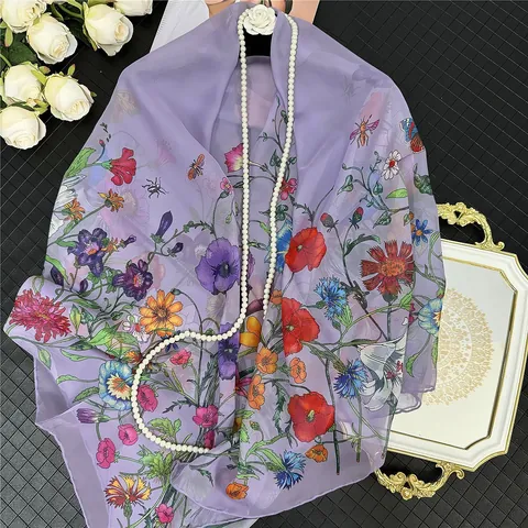 Women Floral Scarf Square Georgette Shawl Sun Protection Elegant Large Wrap Headscarf For Travel Beach Party Accessories