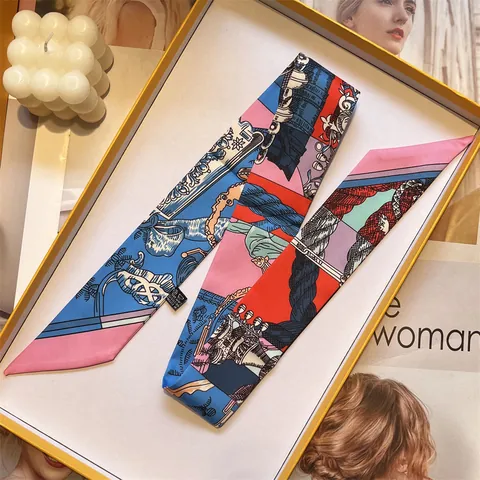 Foulard Twilly en Satin Étroit Imprimé Vintage Pour Femmes Motif de Harnais de Cheval Rétro Foulard Sensation Soie Bandeau Accessoire de Sac