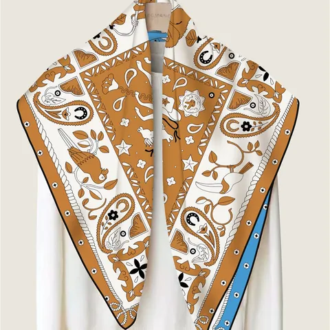 Foulard Quadrato in Satin con Stampa Cavalli 90cm Stampa Digitale Fronte-Retro Twill Effetto Seta Bordo Arrotolato Donna