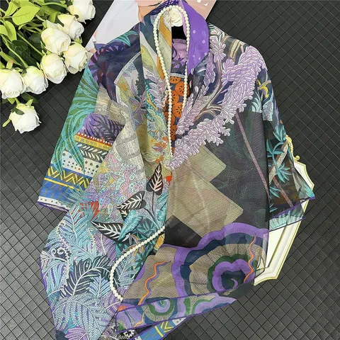 Large Satin Square Scarf Women 130cm French Artistic Printed Silk Like Shawl Botanical Equestrian Comic Pattern Beach Wrap Headscarf