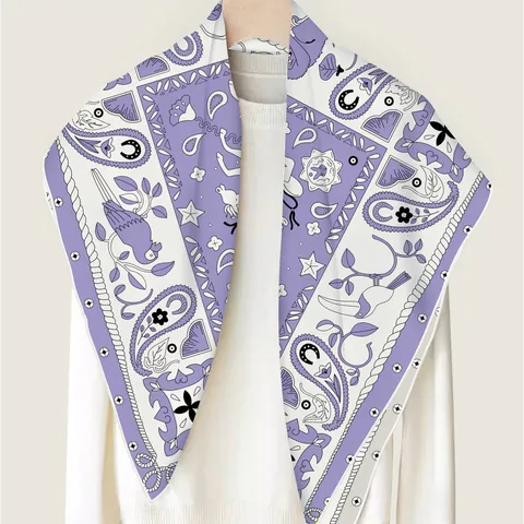 Foulard Quadrato in Raso Stampa Fronte-Retro Donna Motivo Animalier Paisley Vintage Effetto Seta Accessorio Moda Donna