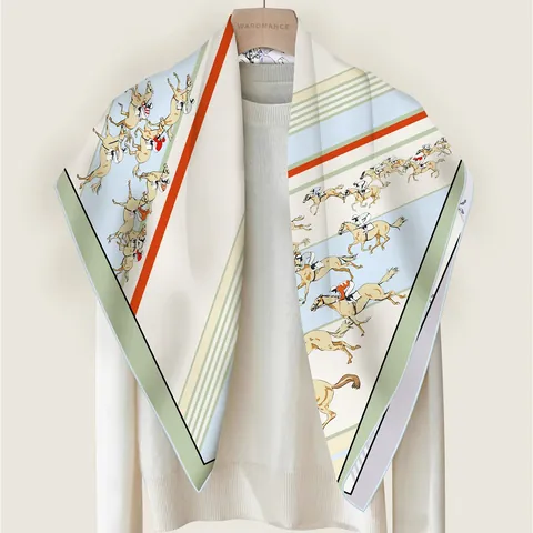 Elegant Horse Racing Pattern Square Scarf Women Luxury Satin Twill Silk Like Hijab Headscarf Hand Rolled Edge Neck Scarf