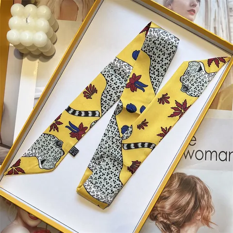 Leopard Print Satin Twilly Scarf For Women Floral Animal Pattern Skinny Handbag Handle Ribbon Hair Band Neck Scarf Accessories