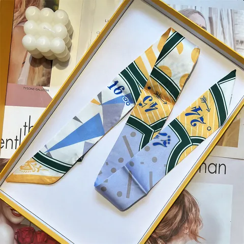 Satin Twilly Scarf Geometric Pattern Numbers Narrow Hair Band Bag Decoration Neck Tie For Women Elegant Headband Wrist Wrap