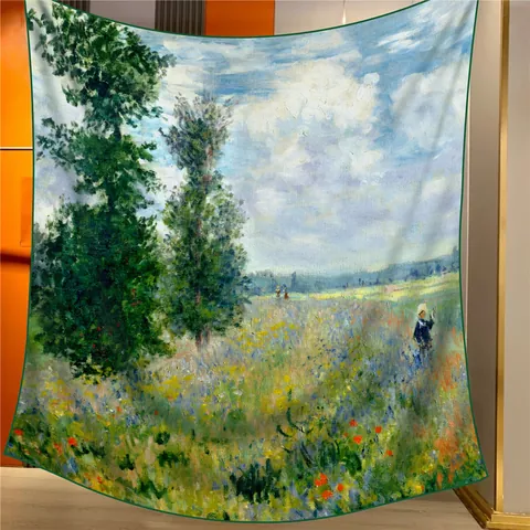 Sciarpa Pittura a Olio Impressionista Motivo Campo di Papaveri Grande Scialle Quadrato Effetto Cashmere Morbido Caldo Donna