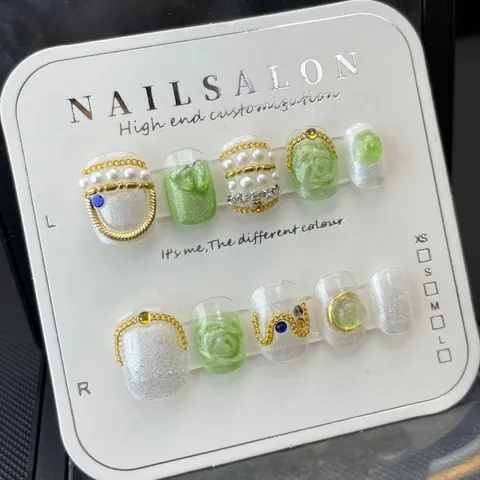 Handmade Press On Nails Bohemian Style Mint Green Pearl White With 3D Relief Flower Bow Rhinestone Decorative Nail Art For Women