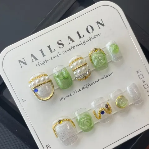 Handmade Press On Nails Bohemian Style Mint Green Pearl White With 3D Relief Flower Bow Rhinestone Decorative Nail Art For Women