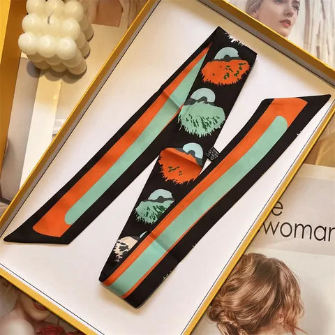 Dames Mode Satijn Smalle Sjaal Elegant Bedrukt Twilly Voor Tas Handvat Halssjaal Haarband Abstract Geometrisch Accessoire