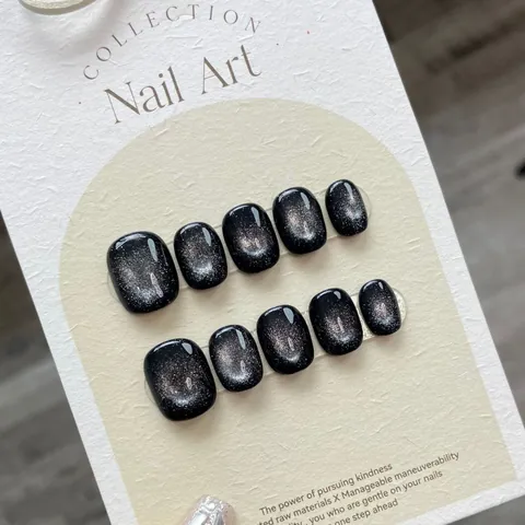 Unghie a Pressione Magnetiche Occhio di Gatto Nero Fatte a Mano Glitter Lusso Corte Quadrate Unghie Finte Con Strumenti Donna