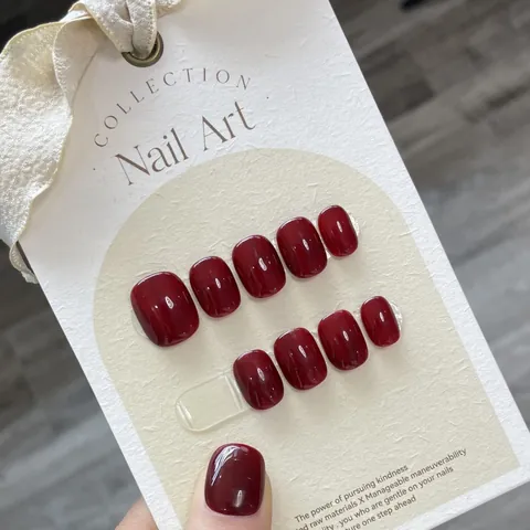 Handmade Press On Nails Glossy Cherry Dark Red Square Round False Nails With Jelly Glue Alcohol Pad Manicure Accessories