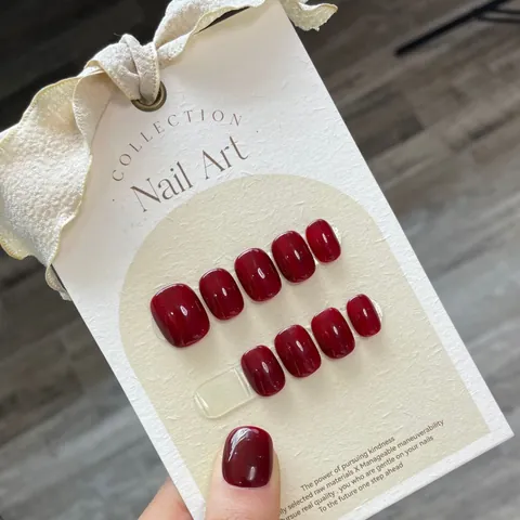 Handmade Press On Nails Glossy Cherry Dark Red Square Round False Nails With Jelly Glue Alcohol Pad Manicure Accessories